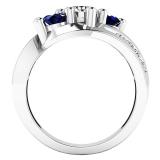 10K White Gold Round Blue Sapphire And White Diamond Ladies Swirl 3 Stone Bridal Engagement Ring