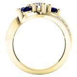 10K Yellow Gold Round Blue Sapphire And White Diamond Ladies Swirl 3 Stone Bridal Engagement Ring