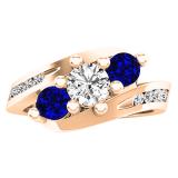 14K Rose Gold Round Blue Sapphire And White Diamond Ladies Swirl 3 Stone Bridal Engagement Ring