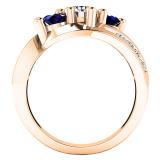 14K Rose Gold Round Blue Sapphire And White Diamond Ladies Swirl 3 Stone Bridal Engagement Ring