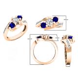 14K Rose Gold Round Blue Sapphire And White Diamond Ladies Swirl 3 Stone Bridal Engagement Ring