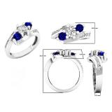 14K White Gold Round Blue Sapphire And White Diamond Ladies Swirl 3 Stone Bridal Engagement Ring