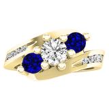 14K Yellow Gold Round Blue Sapphire And White Diamond Ladies Swirl 3 Stone Bridal Engagement Ring