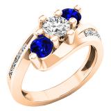 18K Rose Gold Round Blue Sapphire And White Diamond Ladies Swirl 3 Stone Bridal Engagement Ring