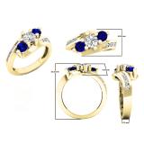 18K Yellow Gold Round Blue Sapphire And White Diamond Ladies Swirl 3 Stone Bridal Engagement Ring
