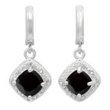 Sterling Silver Cushion Black Sapphire & Round White Diamond Ladies Dangling Drop Earrings