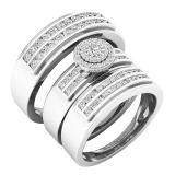0.90 Carat (ctw) 10K White Gold Round Diamond Men & Women's Cluster Engagement Ring Trio Set