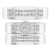 0.90 Carat (ctw) 10K White Gold Round Diamond Men & Women's Cluster Engagement Ring Trio Set