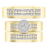 0.90 Carat (ctw) 10K Yellow Gold Round Diamond Men & Women's Cluster Engagement Ring Trio Set