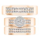 0.90 Carat (ctw) 14K Rose Gold Round Diamond Men & Women's Cluster Engagement Ring Trio Set
