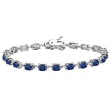 Sterling Silver 6X4 MM Each Oval Blue Sapphire Ladies Tennis Bracelet