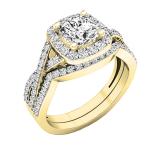 10K Yellow Gold Cushion & Round White Cubic Zirconia CZ Ladies Bridal Engagement Ring Set
