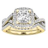 10K Yellow Gold Cushion & Round White Cubic Zirconia CZ Ladies Bridal Engagement Ring Set