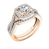 14K Rose Gold Cushion & Round White Cubic Zirconia CZ Ladies Bridal Engagement Ring Set