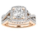 14K Rose Gold Cushion & Round White Cubic Zirconia CZ Ladies Bridal Engagement Ring Set