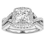 14K White Gold Cushion & Round White Cubic Zirconia CZ Ladies Bridal Engagement Ring Set