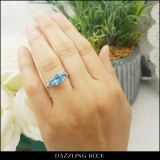 10K Rose Gold 7 MM Round Blue Topaz And Round White Diamond Ladies 3 Stone Engagement Ring
