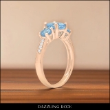 10K Rose Gold 7 MM Round Blue Topaz And Round White Diamond Ladies 3 Stone Engagement Ring