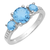 14K White Gold 7 MM Round Blue Topaz And Round White Diamond Ladies 3 Stone Engagement Ring