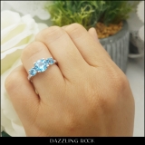 14K White Gold 7 MM Round Blue Topaz And Round White Diamond Ladies 3 Stone Engagement Ring