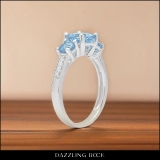 14K White Gold 7 MM Round Blue Topaz And Round White Diamond Ladies 3 Stone Engagement Ring