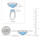 14K White Gold 7 MM Round Blue Topaz And Round White Diamond Ladies 3 Stone Engagement Ring