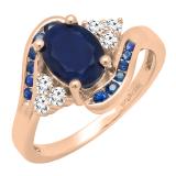 10K Rose Gold 8X6 MM Oval & Round Blue Sapphire & Round Diamond Ladies Bridal Engagement Ring
