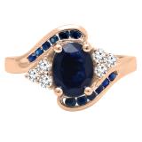 10K Rose Gold 8X6 MM Oval & Round Blue Sapphire & Round Diamond Ladies Bridal Engagement Ring