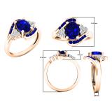 10K Rose Gold 8X6 MM Oval & Round Blue Sapphire & Round Diamond Ladies Bridal Engagement Ring