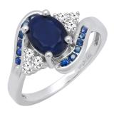 10K White Gold 8X6 MM Oval & Round Blue Sapphire & Round Diamond Ladies Bridal Engagement Ring
