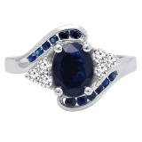 10K White Gold 8X6 MM Oval & Round Blue Sapphire & Round Diamond Ladies Bridal Engagement Ring