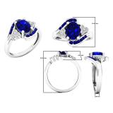 10K White Gold 8X6 MM Oval & Round Blue Sapphire & Round Diamond Ladies Bridal Engagement Ring