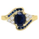 10K Yellow Gold 8X6 MM Oval & Round Blue Sapphire & Round Diamond Ladies Bridal Engagement Ring