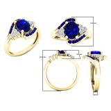 10K Yellow Gold 8X6 MM Oval & Round Blue Sapphire & Round Diamond Ladies Bridal Engagement Ring