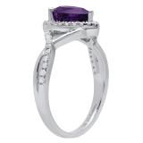Sterling Silver 8X6 MM Pear Amethyst & Round White Diamond Ladies Engagement Ring