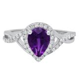 Sterling Silver 8X6 MM Pear Amethyst & Round White Diamond Ladies Engagement Ring