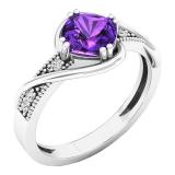10K White Gold 6 MM Cushion Amethyst & Round Diamond Ladies Bypass Bridal Engagement Ring