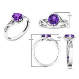 10K White Gold 6 MM Cushion Amethyst & Round Diamond Ladies Bypass Bridal Engagement Ring