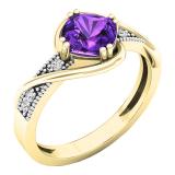 10K Yellow Gold 6 MM Cushion Amethyst & Round Diamond Ladies Bypass Bridal Engagement Ring