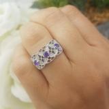 14K White Gold Round Amethyst & White Diamond Ladies Bridal Engagement Ring