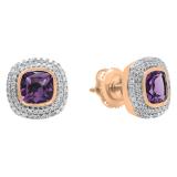 10K Rose Gold 5 MM Cushion Amethyst & Round Diamond Ladies Stud Earrings