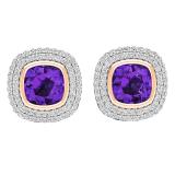 10K Rose Gold 5 MM Cushion Amethyst & Round Diamond Ladies Stud Earrings