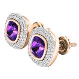 10K Rose Gold 5 MM Cushion Amethyst & Round Diamond Ladies Stud Earrings