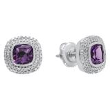 10K White Gold 5 MM Cushion Amethyst & Round Diamond Ladies Stud Earrings