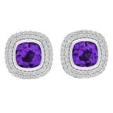 10K White Gold 5 MM Cushion Amethyst & Round Diamond Ladies Stud Earrings