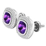 10K White Gold 5 MM Cushion Amethyst & Round Diamond Ladies Stud Earrings