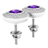 10K White Gold 5 MM Cushion Amethyst & Round Diamond Ladies Stud Earrings