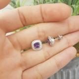 10K White Gold 5 MM Cushion Amethyst & Round Diamond Ladies Stud Earrings