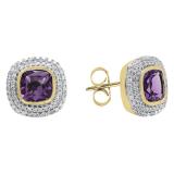 14K Yellow Gold 5 MM Cushion Amethyst & Round Diamond Ladies Stud Earrings