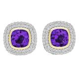 14K Yellow Gold 5 MM Cushion Amethyst & Round Diamond Ladies Stud Earrings